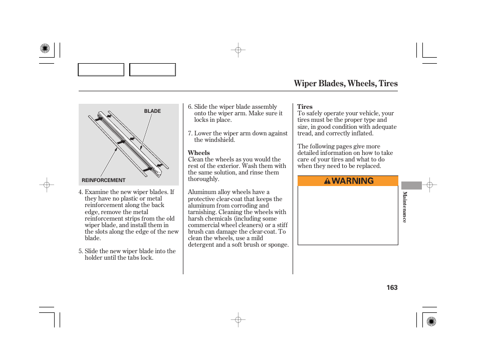 Wiper blades, wheels, tires | HONDA 2007 S2000 - Owner's Manual User Manual | Page 166 / 228