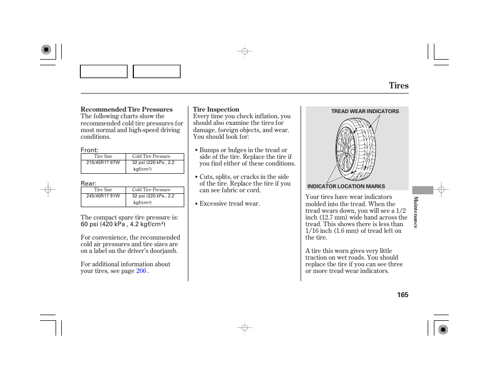 Tires | HONDA 2007 S2000 - Owner's Manual User Manual | Page 168 / 228