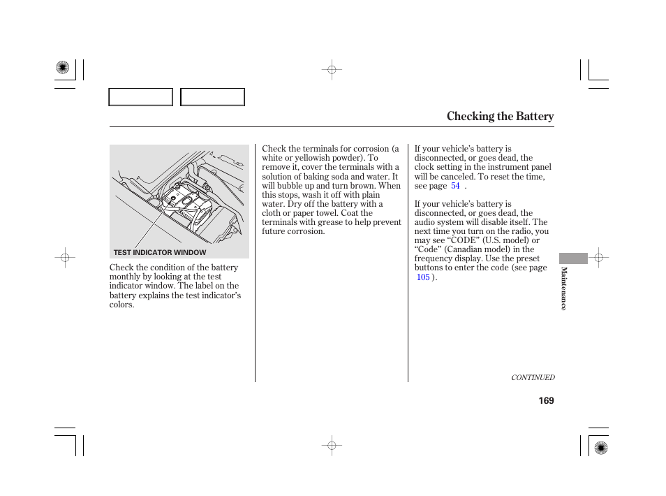 Checking the battery | HONDA 2007 S2000 - Owner's Manual User Manual | Page 172 / 228