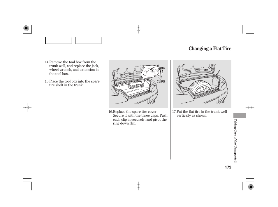 Changing a flat tire | HONDA 2007 S2000 - Owner's Manual User Manual | Page 182 / 228