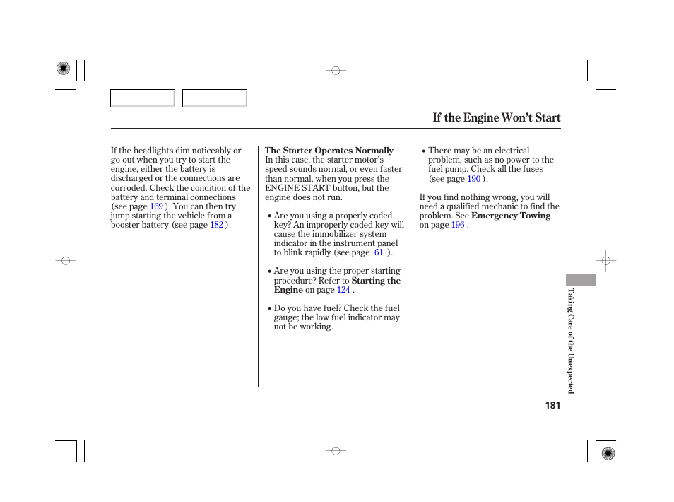 If the engine won’t start | HONDA 2007 S2000 - Owner's Manual User Manual | Page 184 / 228