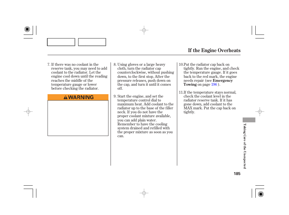 If the engine overheats | HONDA 2007 S2000 - Owner's Manual User Manual | Page 188 / 228