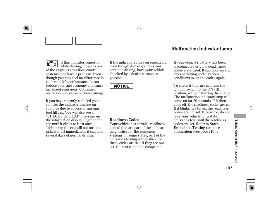 Malfunction indicator lamp | HONDA 2007 S2000 - Owner's Manual User Manual | Page 190 / 228