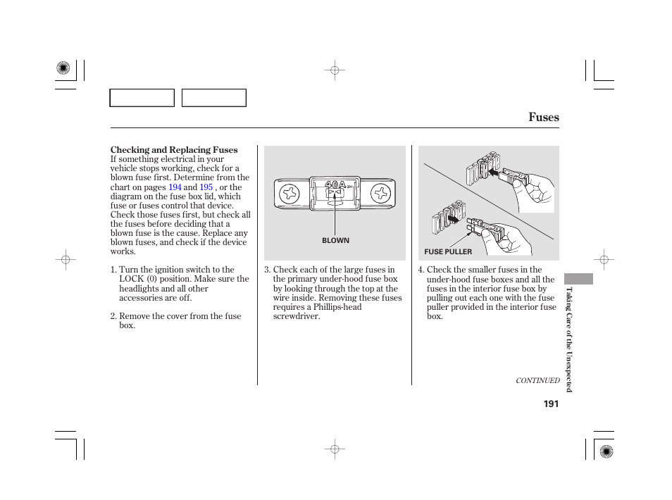 Fuses | HONDA 2007 S2000 - Owner's Manual User Manual | Page 194 / 228