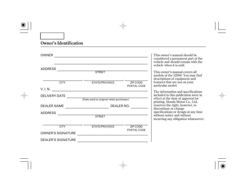 Owner's identification form, Owner’s identification | HONDA 2007 S2000 - Owner's Manual User Manual | Page 2 / 228