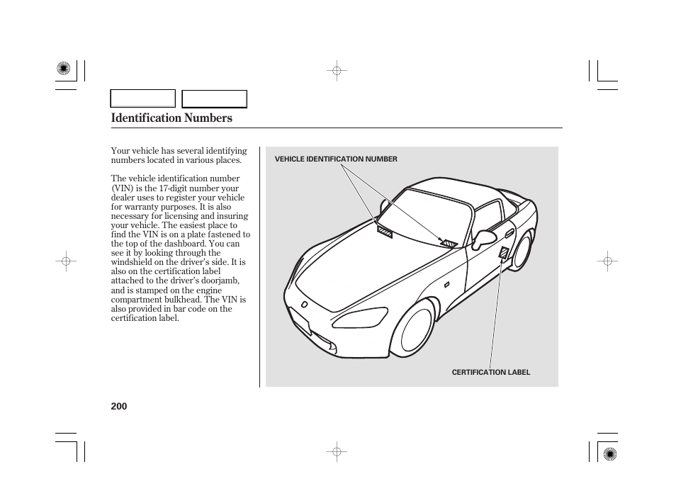 Identification numbers | HONDA 2007 S2000 - Owner's Manual User Manual | Page 203 / 228