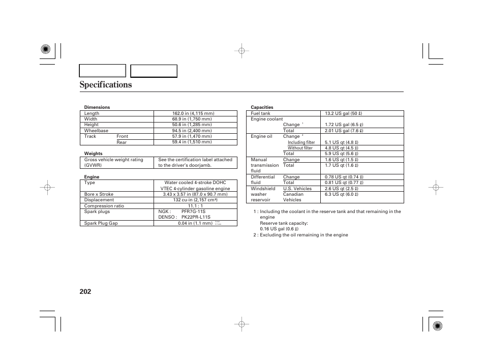 Specifications | HONDA 2007 S2000 - Owner's Manual User Manual | Page 205 / 228