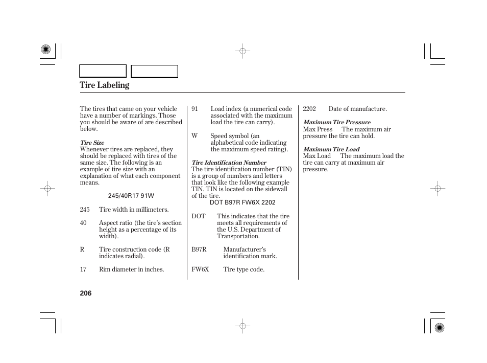 Tire labeling | HONDA 2007 S2000 - Owner's Manual User Manual | Page 209 / 228