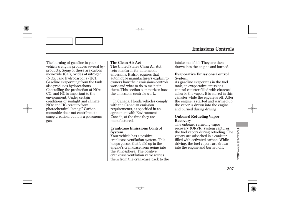 Emissions controls | HONDA 2007 S2000 - Owner's Manual User Manual | Page 210 / 228