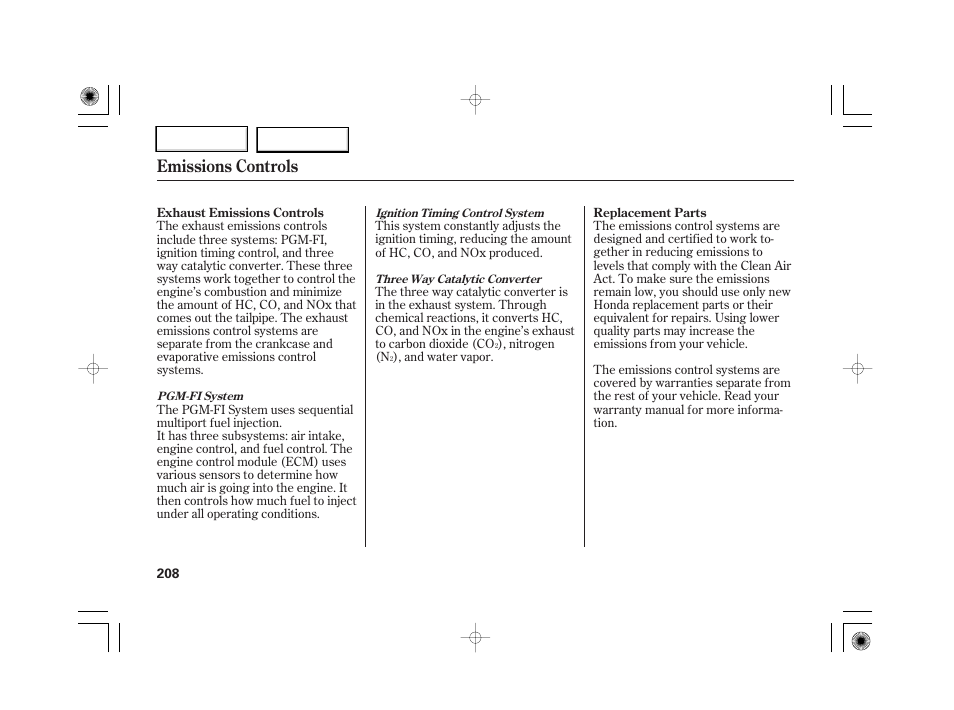 Emissions controls | HONDA 2007 S2000 - Owner's Manual User Manual | Page 211 / 228