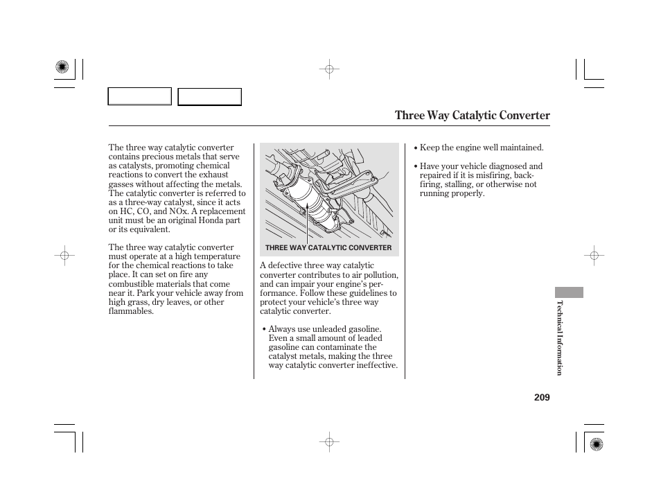 Three way catalytic converter | HONDA 2007 S2000 - Owner's Manual User Manual | Page 212 / 228