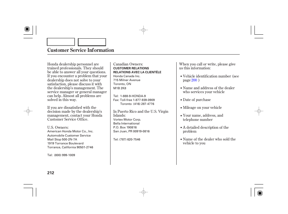 Customer service information | HONDA 2007 S2000 - Owner's Manual User Manual | Page 215 / 228