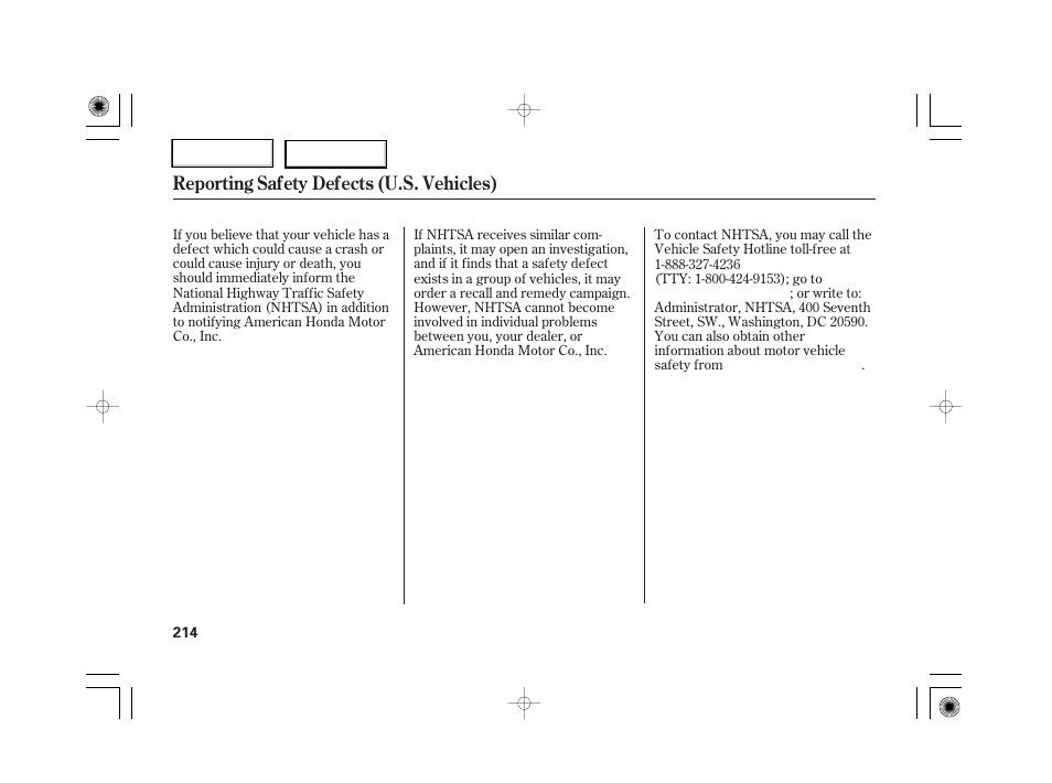 Reporting safety defects (u.s. vehicles) | HONDA 2007 S2000 - Owner's Manual User Manual | Page 217 / 228
