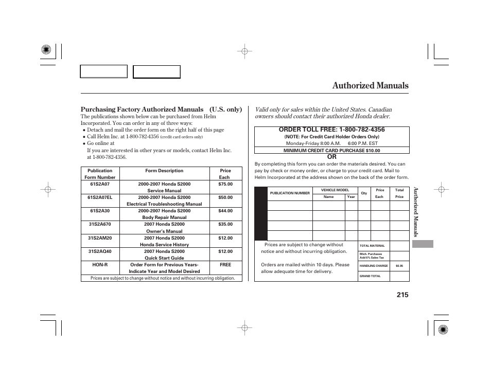 Authorized manuals | HONDA 2007 S2000 - Owner's Manual User Manual | Page 218 / 228