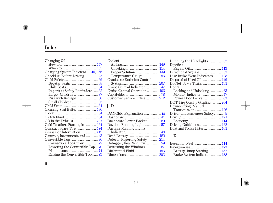 Index | HONDA 2007 S2000 - Owner's Manual User Manual | Page 221 / 228