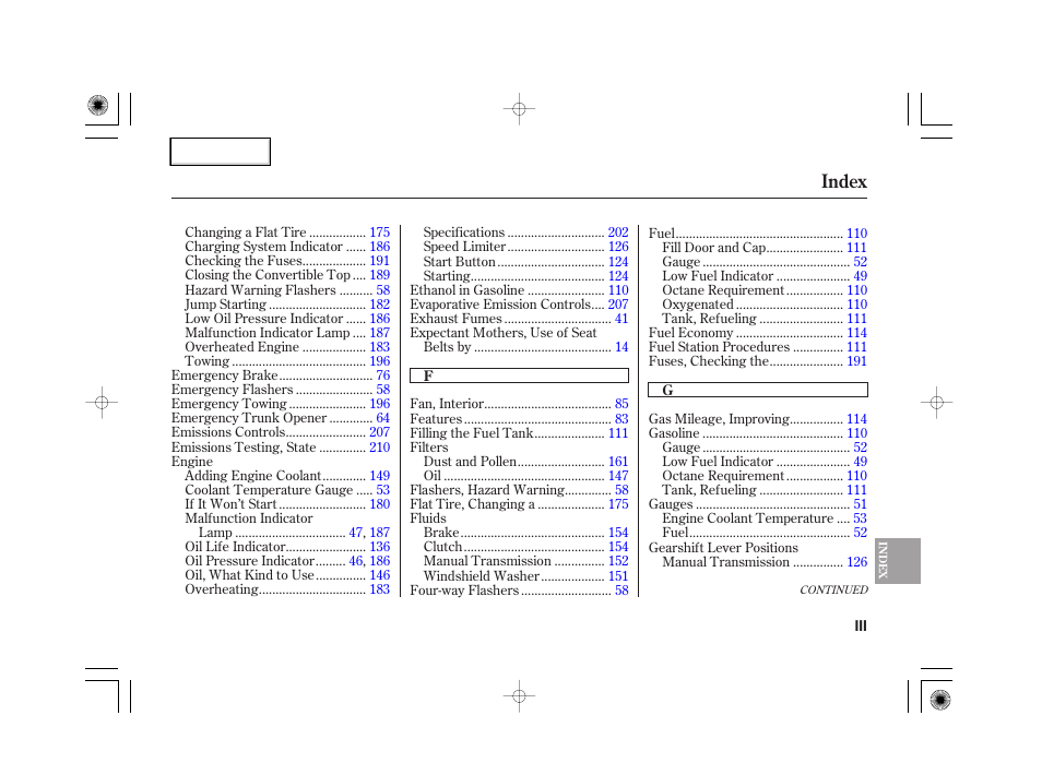 Index | HONDA 2007 S2000 - Owner's Manual User Manual | Page 222 / 228