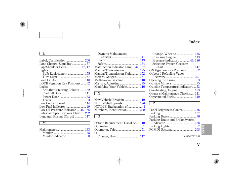 Index | HONDA 2007 S2000 - Owner's Manual User Manual | Page 224 / 228