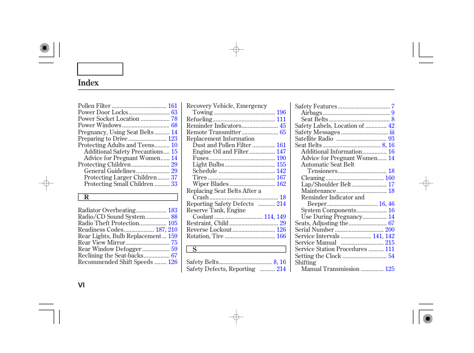 Index | HONDA 2007 S2000 - Owner's Manual User Manual | Page 225 / 228