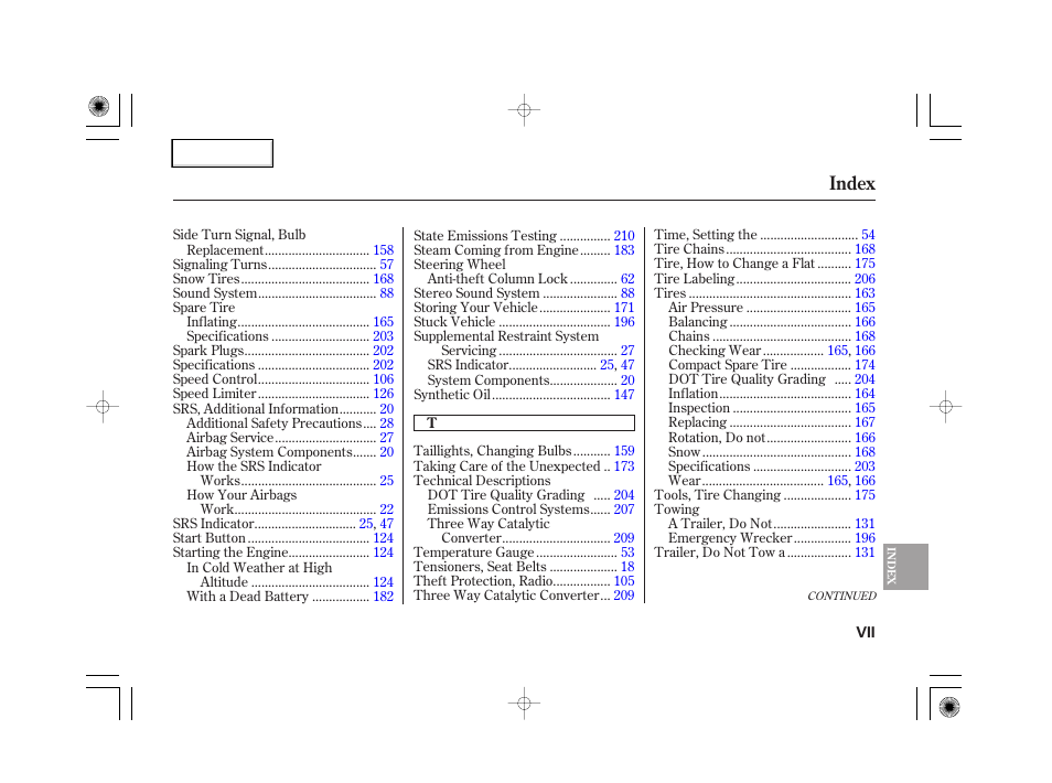 Index | HONDA 2007 S2000 - Owner's Manual User Manual | Page 226 / 228