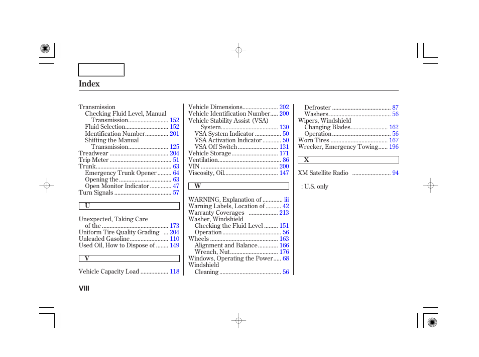 Index | HONDA 2007 S2000 - Owner's Manual User Manual | Page 227 / 228