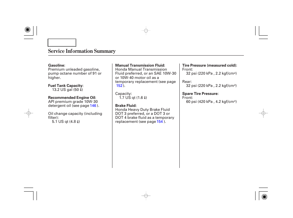 Service information summary | HONDA 2007 S2000 - Owner's Manual User Manual | Page 228 / 228