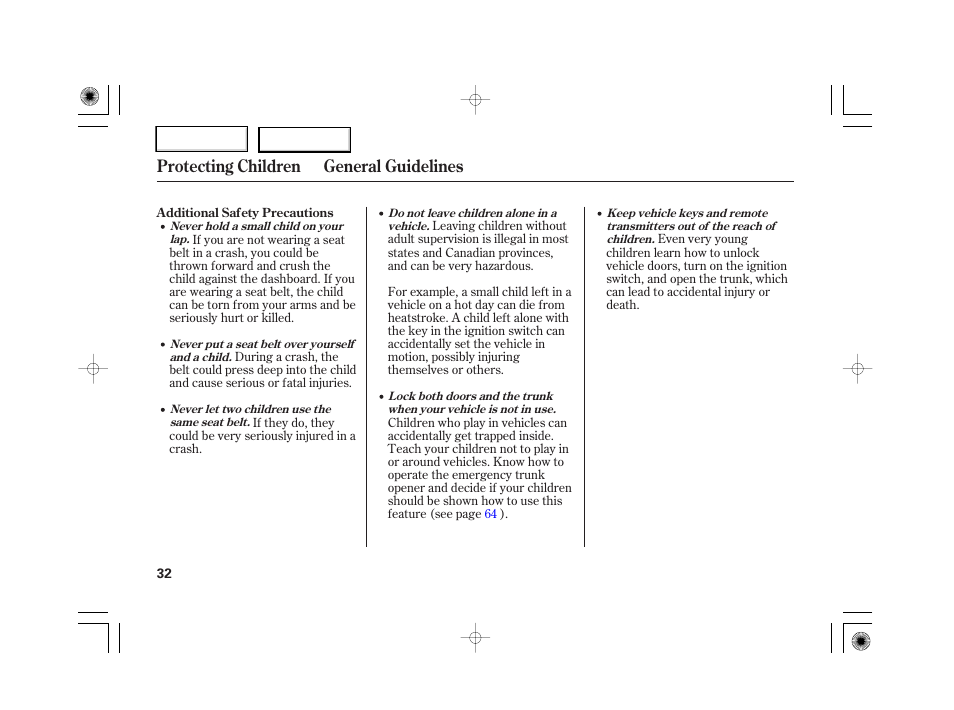 Protecting children general guidelines | HONDA 2007 S2000 - Owner's Manual User Manual | Page 35 / 228