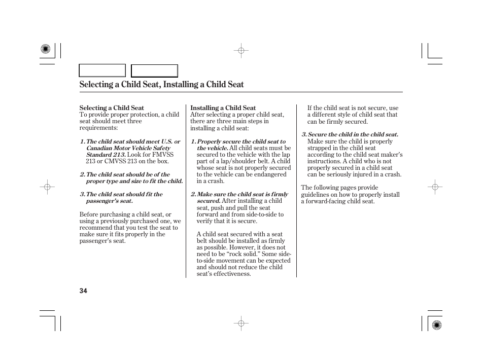 Selecting a child seat, installing a child seat | HONDA 2007 S2000 - Owner's Manual User Manual | Page 37 / 228