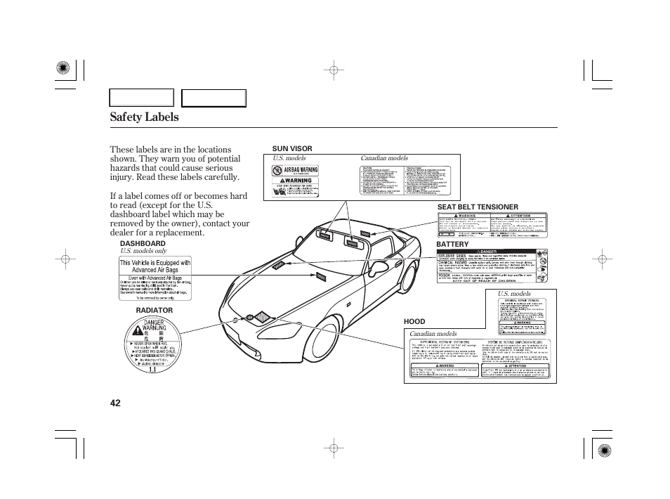 Safety labels | HONDA 2007 S2000 - Owner's Manual User Manual | Page 45 / 228