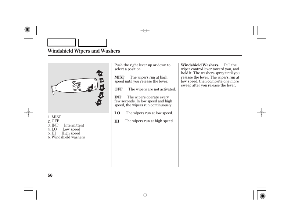 Windshield wipers and washers | HONDA 2007 S2000 - Owner's Manual User Manual | Page 59 / 228