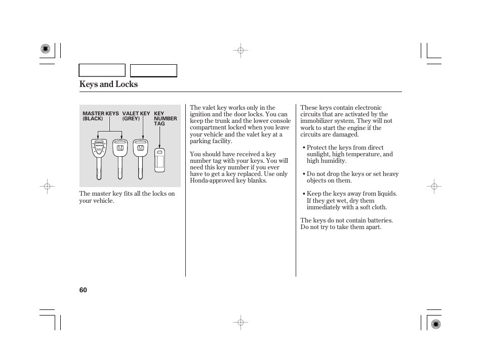 Keys and locks | HONDA 2007 S2000 - Owner's Manual User Manual | Page 63 / 228