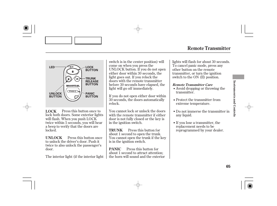 Remote transmitter | HONDA 2007 S2000 - Owner's Manual User Manual | Page 68 / 228