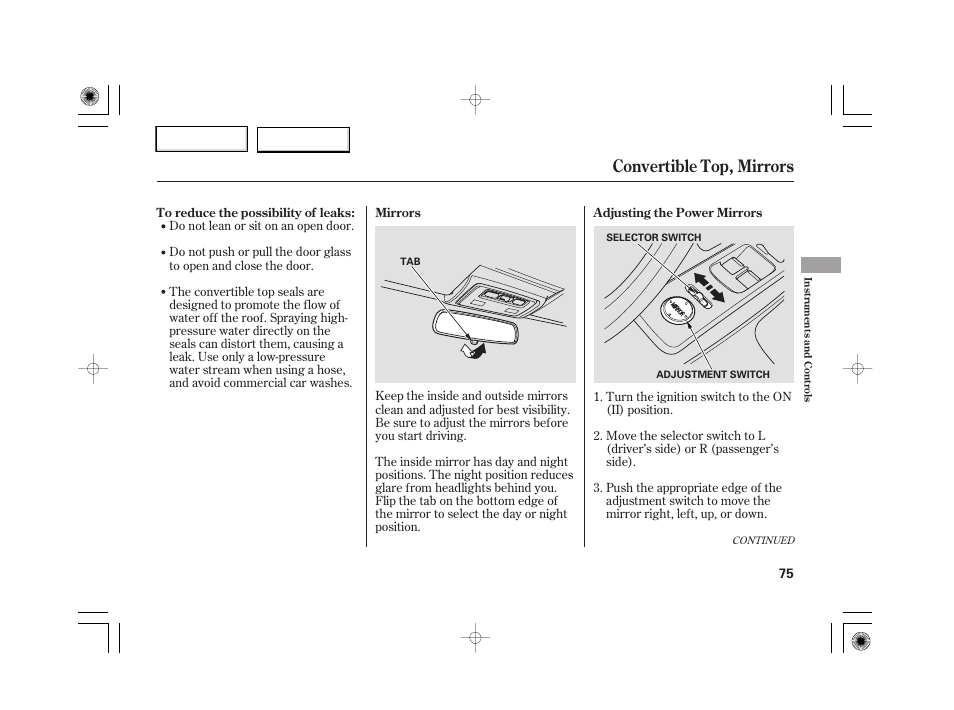 Convertible top, mirrors | HONDA 2007 S2000 - Owner's Manual User Manual | Page 78 / 228