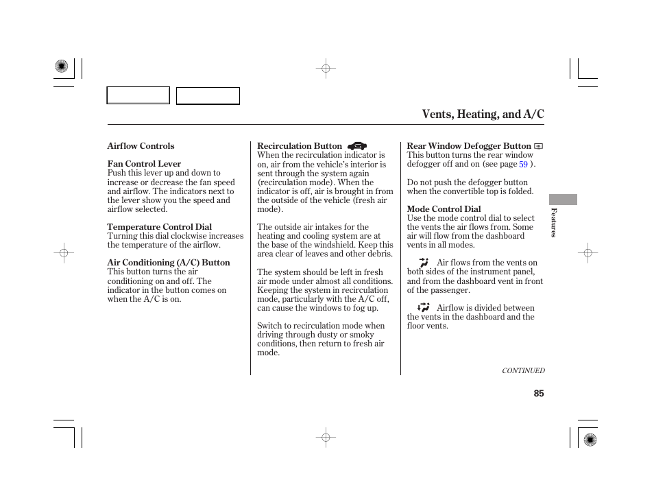 Vents, heating, and a/c | HONDA 2007 S2000 - Owner's Manual User Manual | Page 88 / 228