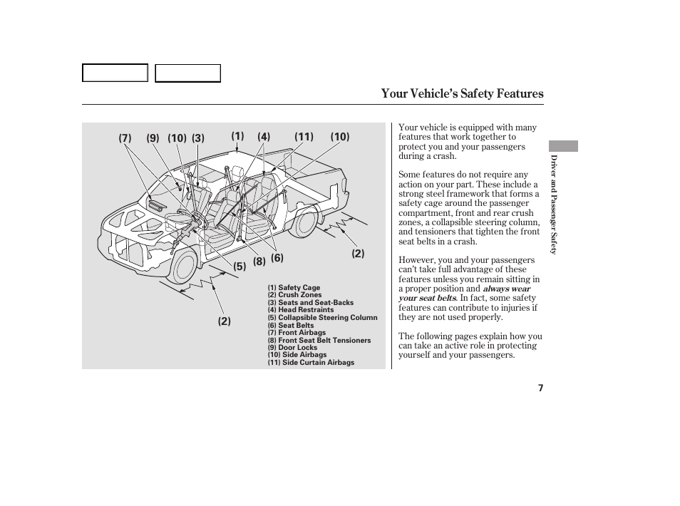 Your vehicle’s safety features | HONDA 2007 Ridgeline - Owner's Manual User Manual | Page 11 / 331