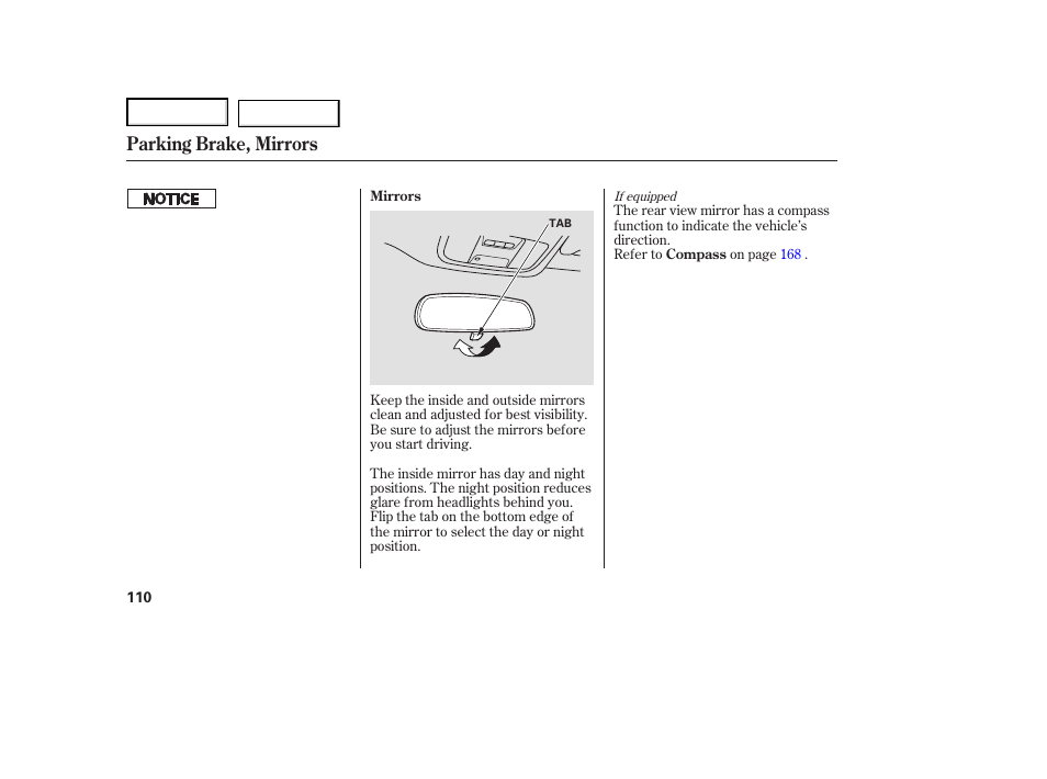 Parking brake, mirrors | HONDA 2007 Ridgeline - Owner's Manual User Manual | Page 114 / 331