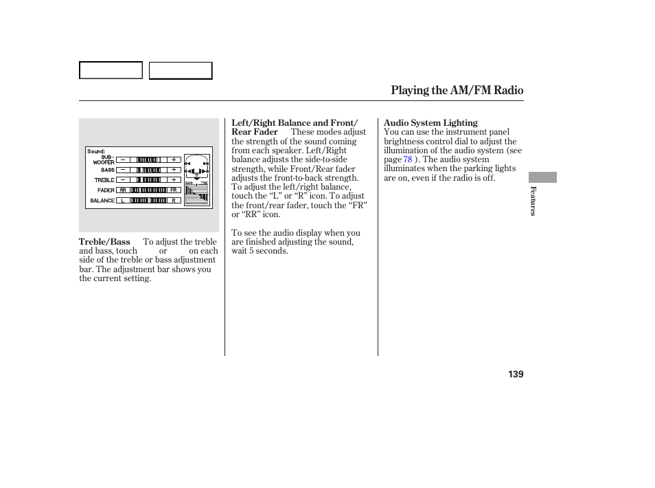 Playing the am/fm radio | HONDA 2007 Ridgeline - Owner's Manual User Manual | Page 143 / 331