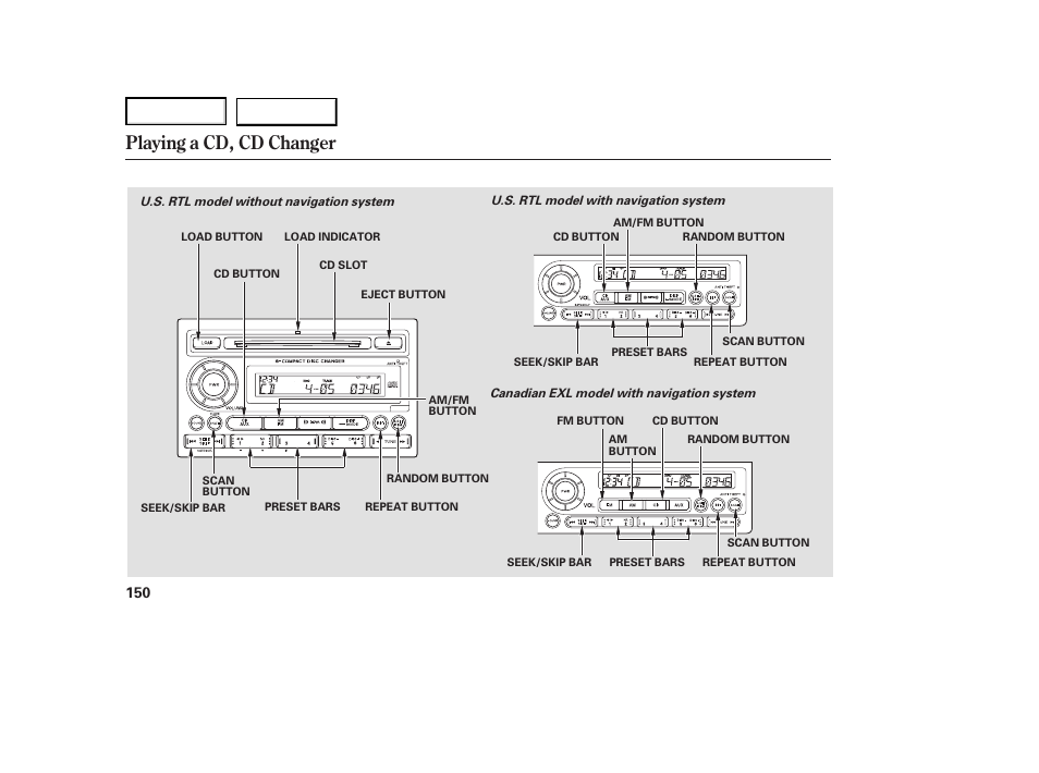 Playing a cd, cd changer | HONDA 2007 Ridgeline - Owner's Manual User Manual | Page 154 / 331