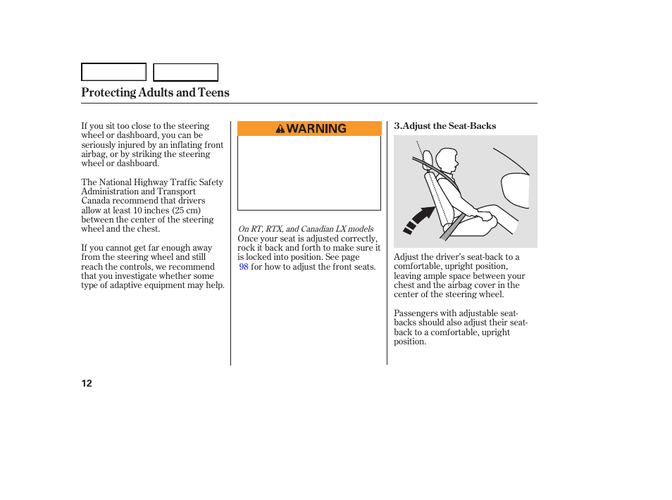 Protecting adults and teens | HONDA 2007 Ridgeline - Owner's Manual User Manual | Page 16 / 331