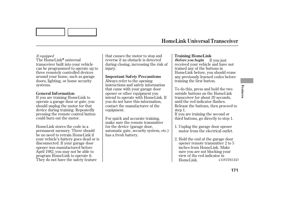 Homelink universal transceiver | HONDA 2007 Ridgeline - Owner's Manual User Manual | Page 175 / 331