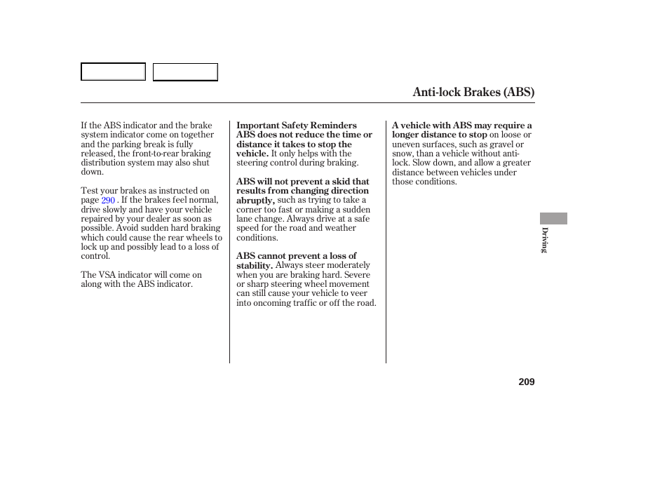 Anti-lock brakes (abs) | HONDA 2007 Ridgeline - Owner's Manual User Manual | Page 213 / 331