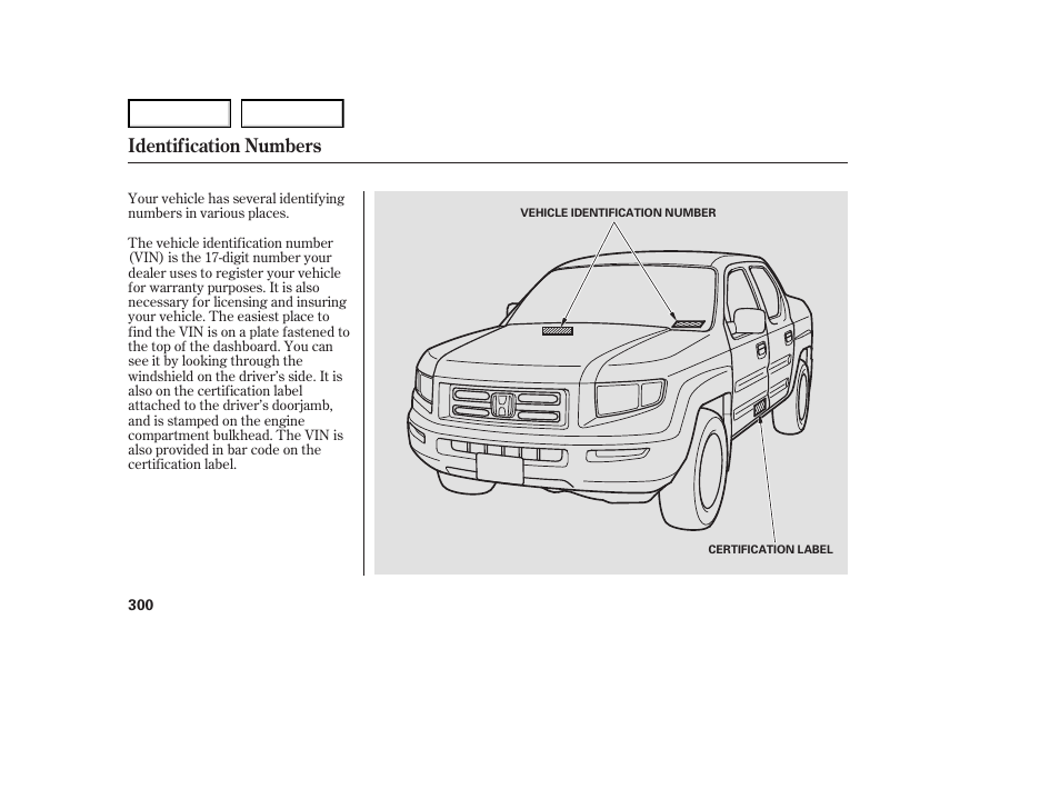 Jc0707o00300a, Identification numbers | HONDA 2007 Ridgeline - Owner's Manual User Manual | Page 304 / 331