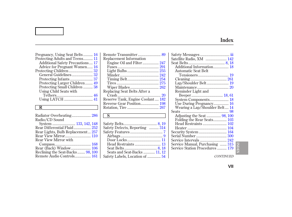 Index | HONDA 2007 Ridgeline - Owner's Manual User Manual | Page 327 / 331
