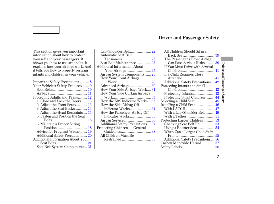 Tw070701indxa, Driver and passenger safety | HONDA 2007 Pilot - Owner's Manual User Manual | Page 10 / 319