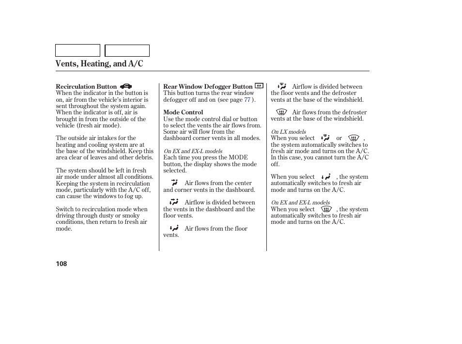 Vents, heating, and a/c | HONDA 2007 Pilot - Owner's Manual User Manual | Page 111 / 319