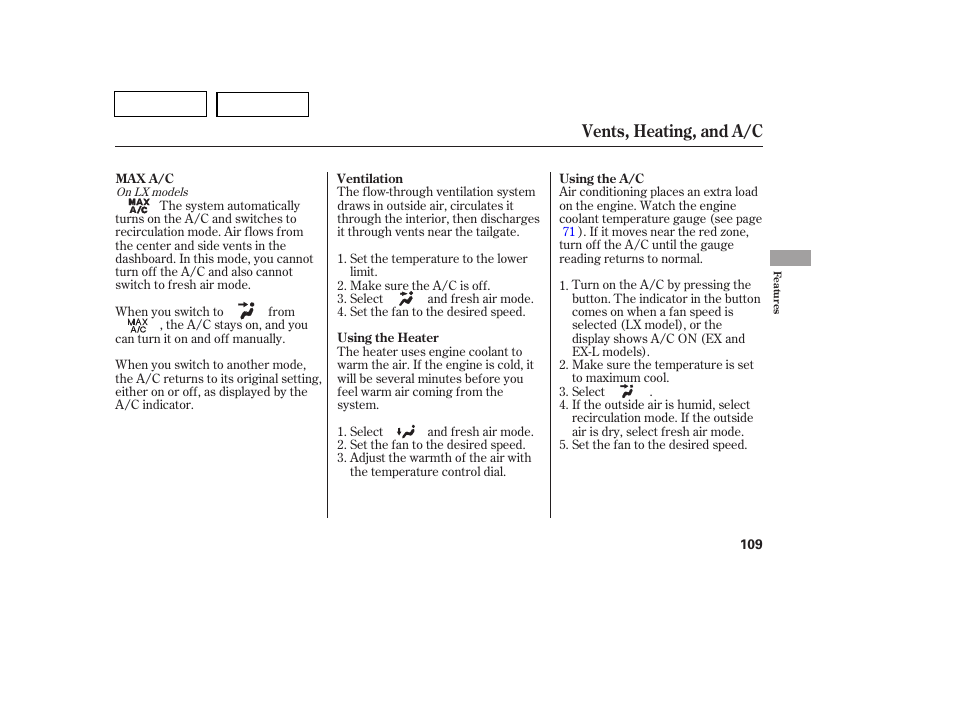 Vents, heating, and a/c | HONDA 2007 Pilot - Owner's Manual User Manual | Page 112 / 319