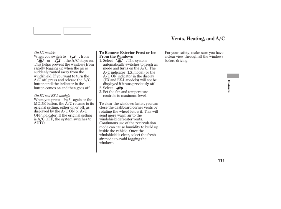 Vents, heating, and a/c | HONDA 2007 Pilot - Owner's Manual User Manual | Page 114 / 319