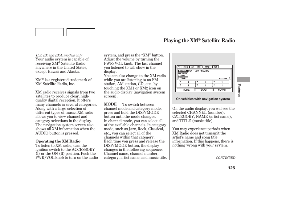 Playing the xm satellite radio | HONDA 2007 Pilot - Owner's Manual User Manual | Page 128 / 319