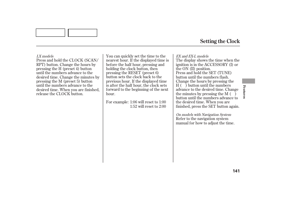 Setting the clock | HONDA 2007 Pilot - Owner's Manual User Manual | Page 144 / 319