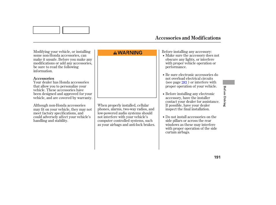 Tw0707o00191a, Accessories and modifications | HONDA 2007 Pilot - Owner's Manual User Manual | Page 194 / 319