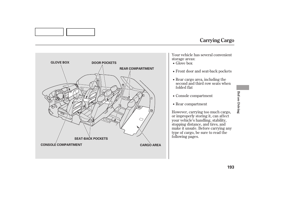 Carrying cargo | HONDA 2007 Pilot - Owner's Manual User Manual | Page 196 / 319
